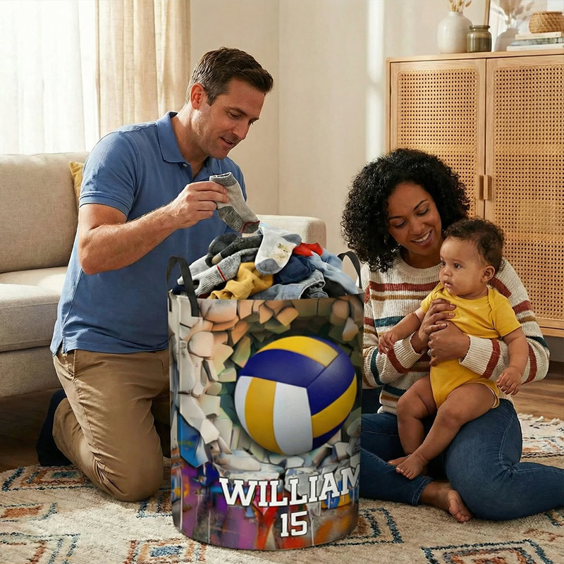 Personalized Sports Ball Design Waterproof Storage Laundry Basket with Handle and Number Name Birthday Housewarming Gift for Ball Sports Lovers