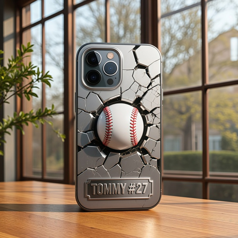 Personalized Baseball Phone Case Stainless Steel Colored Baseball Wall with Custom Name and Number