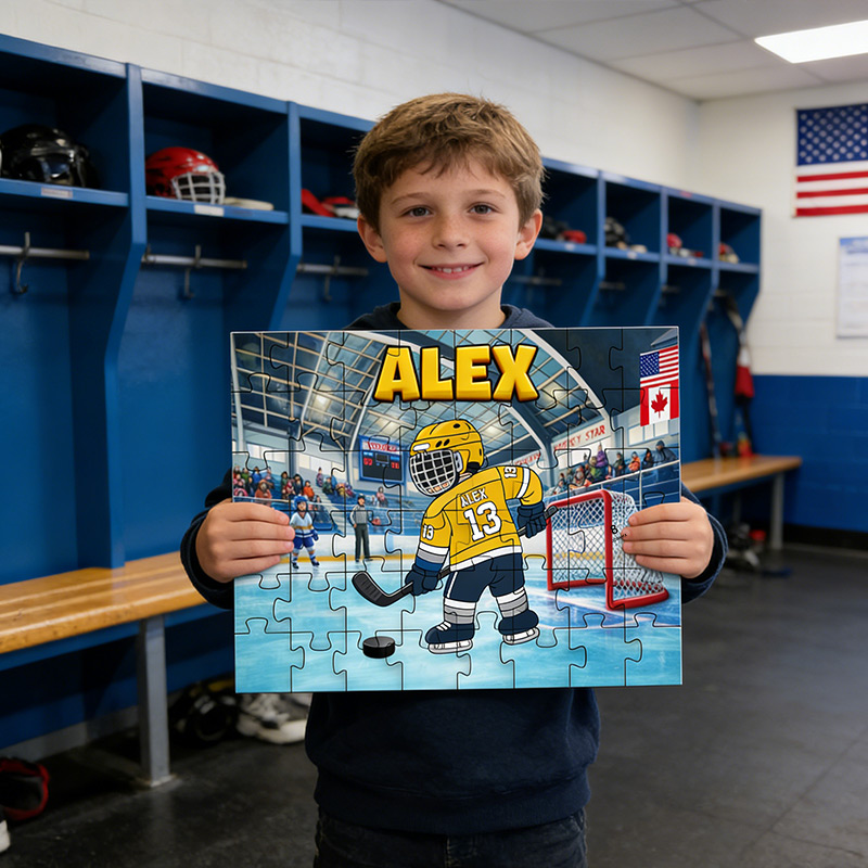 Personalized Hockey Puzzle Adorable Ice Hockey Player for Kids with Custom Jersey Name and Number