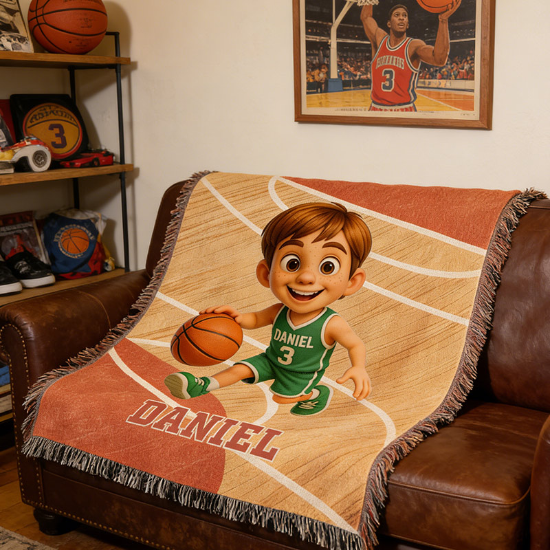 Personalized Basketball Woven Blanket Custom Photo Name and Number for Basketball Fans