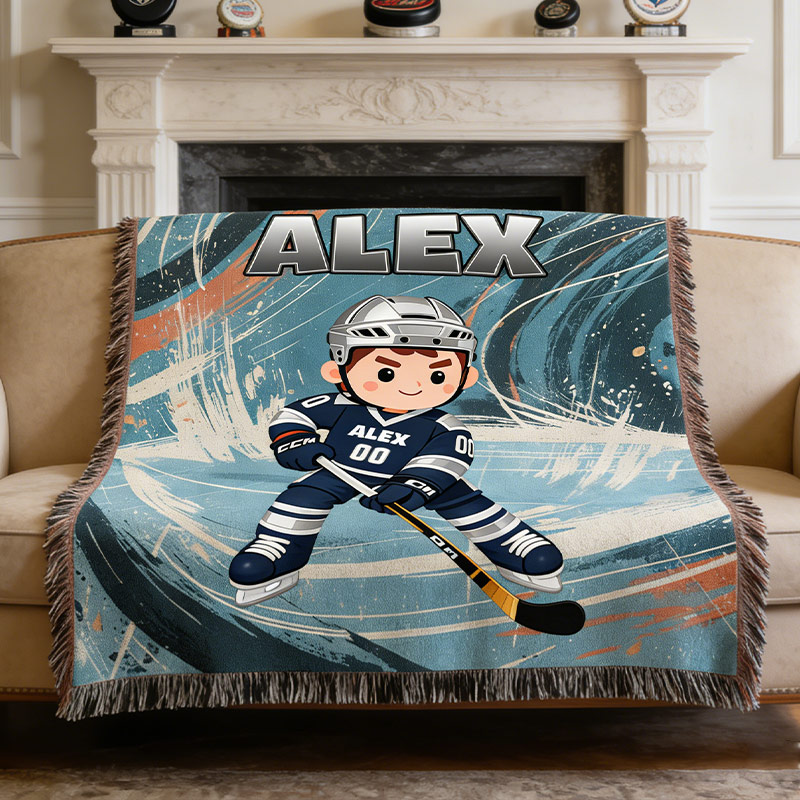 Personalized Hockey Woven Blanket Ice Hockey Player with Custom Name and Number Perfect Gift for Hockey Enthusiasts