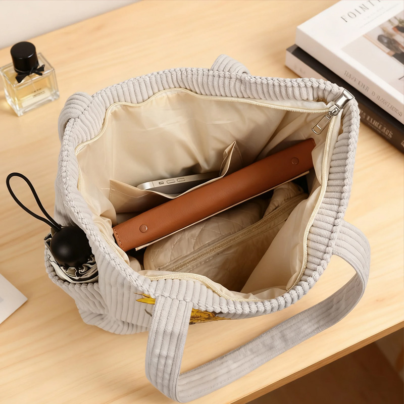 Personalized Birth Flower Corduroy Large Capacity Tote Bag with Name Daily Use Birthday Gift for Women