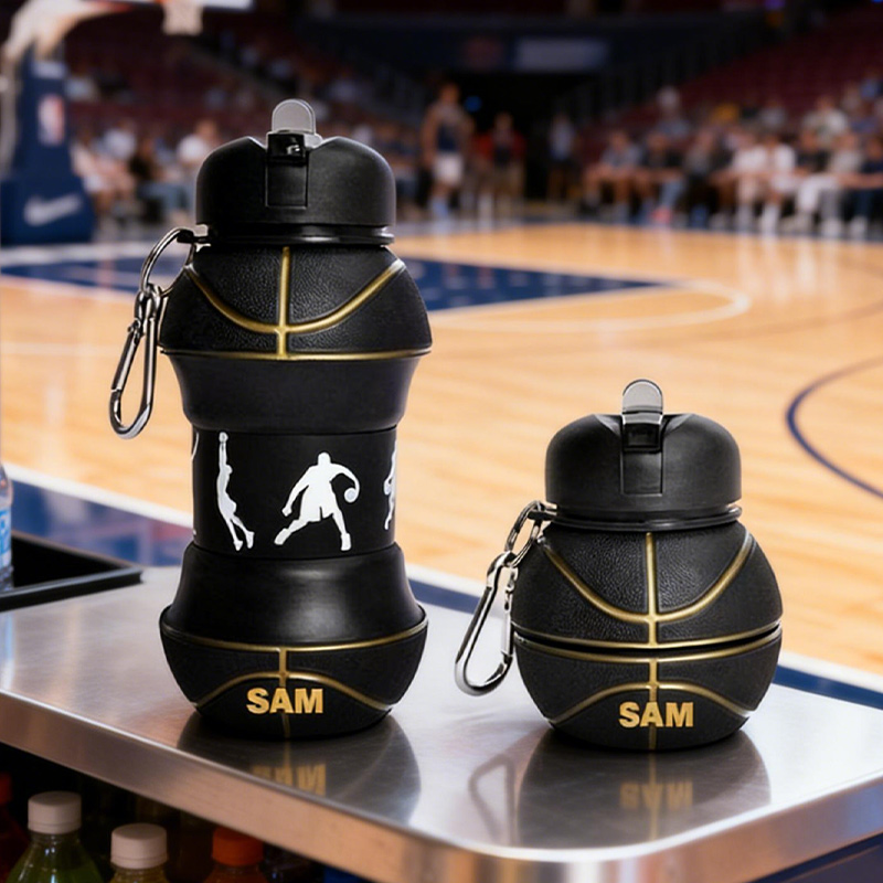Personalized Foldable Basketball Water Cup Silicone Black Golden Basketball Sports Water Bottle Custom Name Gift for Basketball Lovers
