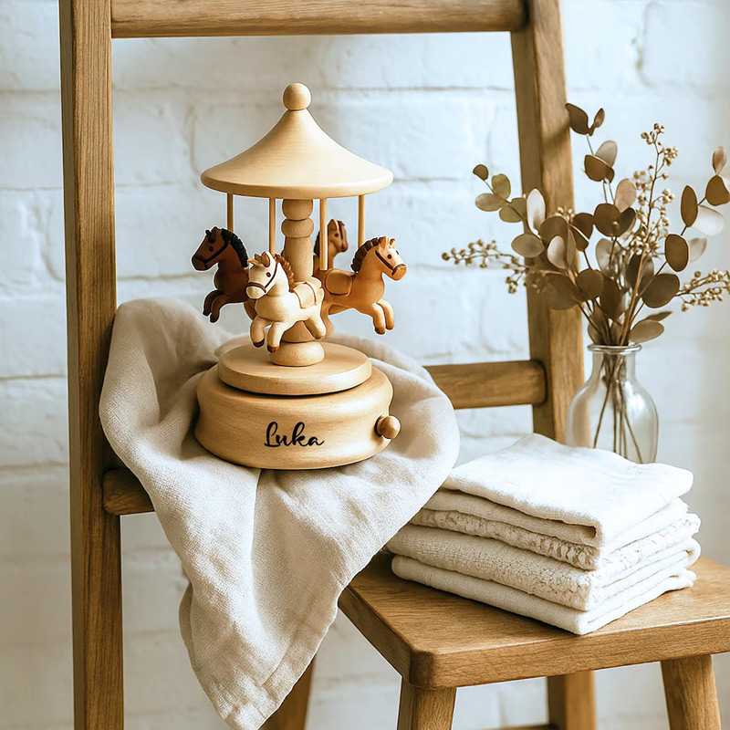 Personalized Wooden Carousel Music Box Newborn Baby Keepsake Mother's Day Gift