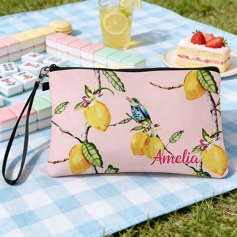 Personalized Mahjong Name Linen Handbag Pink Bird and Lemon with Zipper and Wrist Strap Gift for Mahjong Lovers