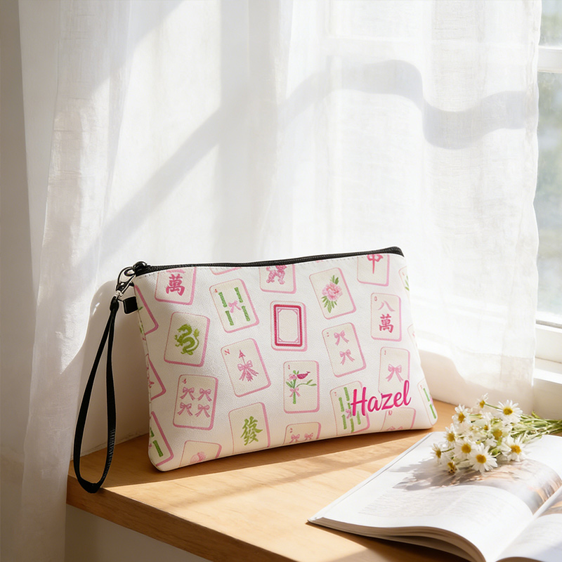 Personalized Mahjong Name Linen Handbag Pink Bow with Zipper and Wrist Strap Gift for Mahjong Lovers