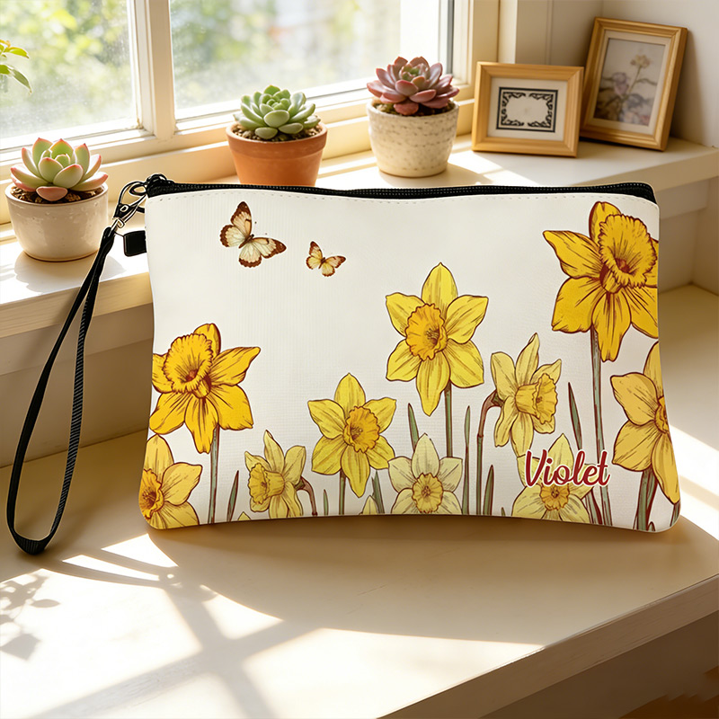 Personalized Name Linen Handbag Mother's Day Birthday Flowers with Zipper and Wrist Strap Gift for Mom