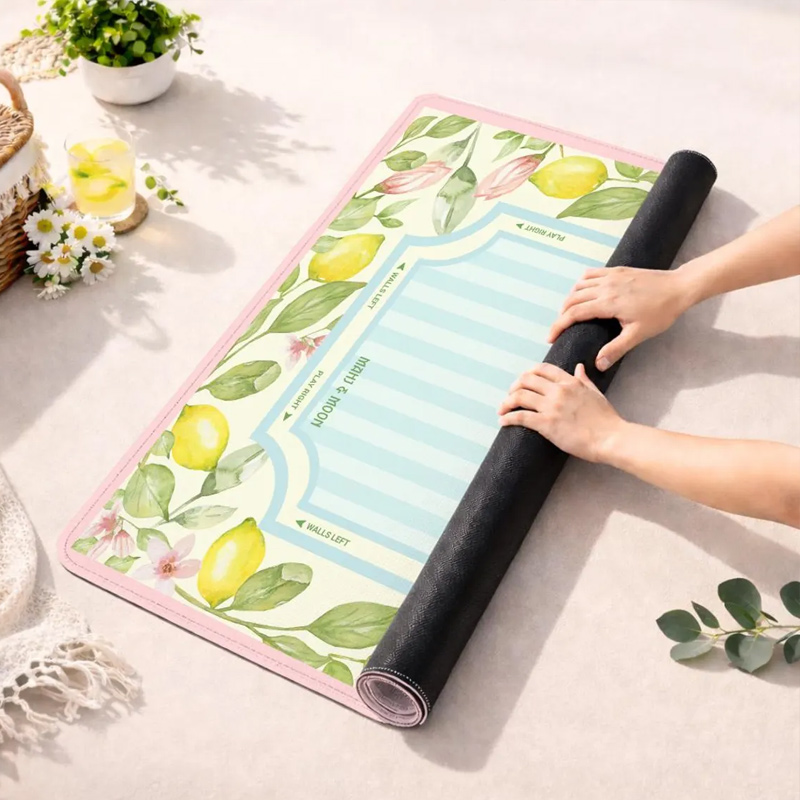 Lemon Blossoms and Blue Stripes Mahjong Mat Non-Slip Neoprene Game Mat for Mahjong Lovers