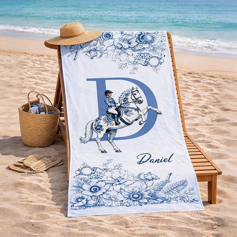 Personalized Equestrian Beach Towel Custom Name Monogram Horse Riding Gift Blue Floral Coastal Towel for Kids & Adults