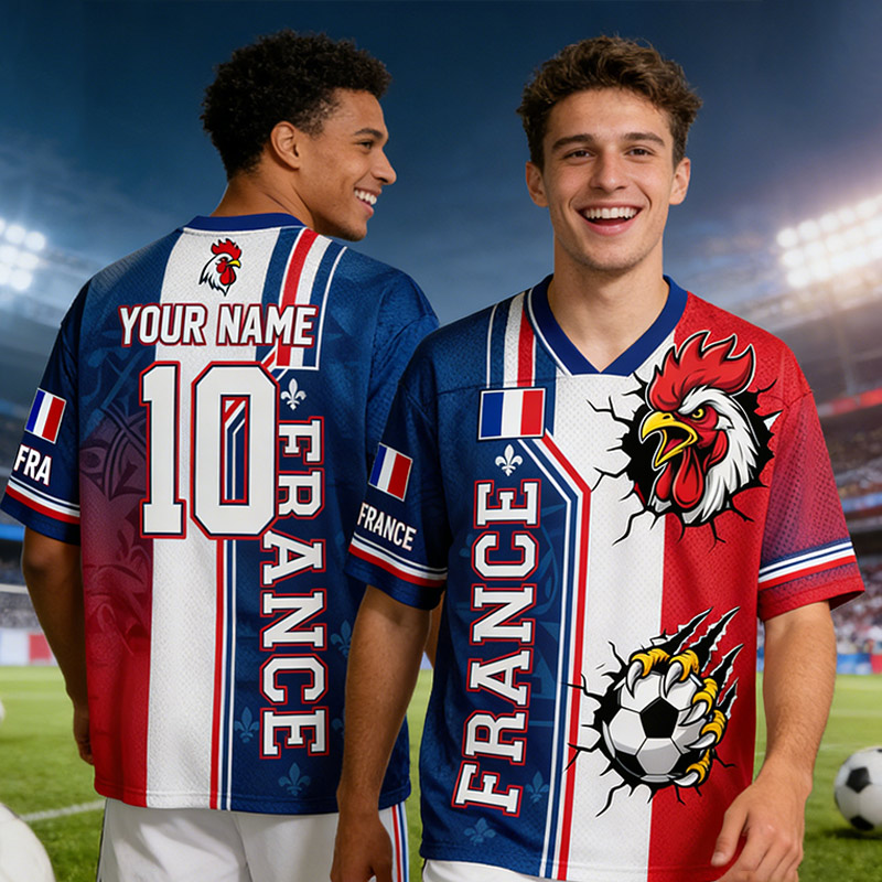 Personalized France Fan Mesh Jersey Custom Name Number Soccer T Shirt Rooster Supporter Gift for Soccer Fans