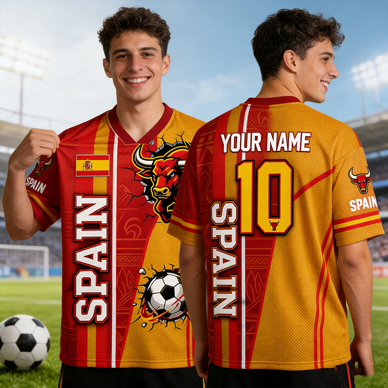 Personalized Spain Fan Mesh Jeresy Shirt Custom Name Number Soccer T Shirt Bull Supporter Gift