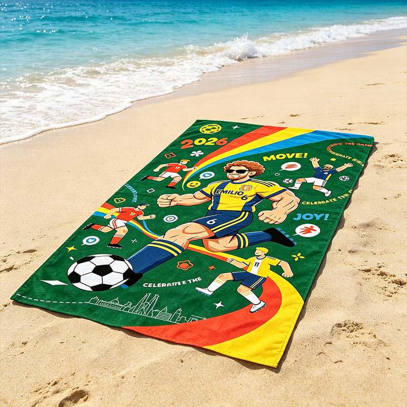 Personalized Cartoon Football Player Print Beach Towel 2026 Quick-Dry Oversized Bath Towel Custom Name Number for Soccer Fans Summer Travel