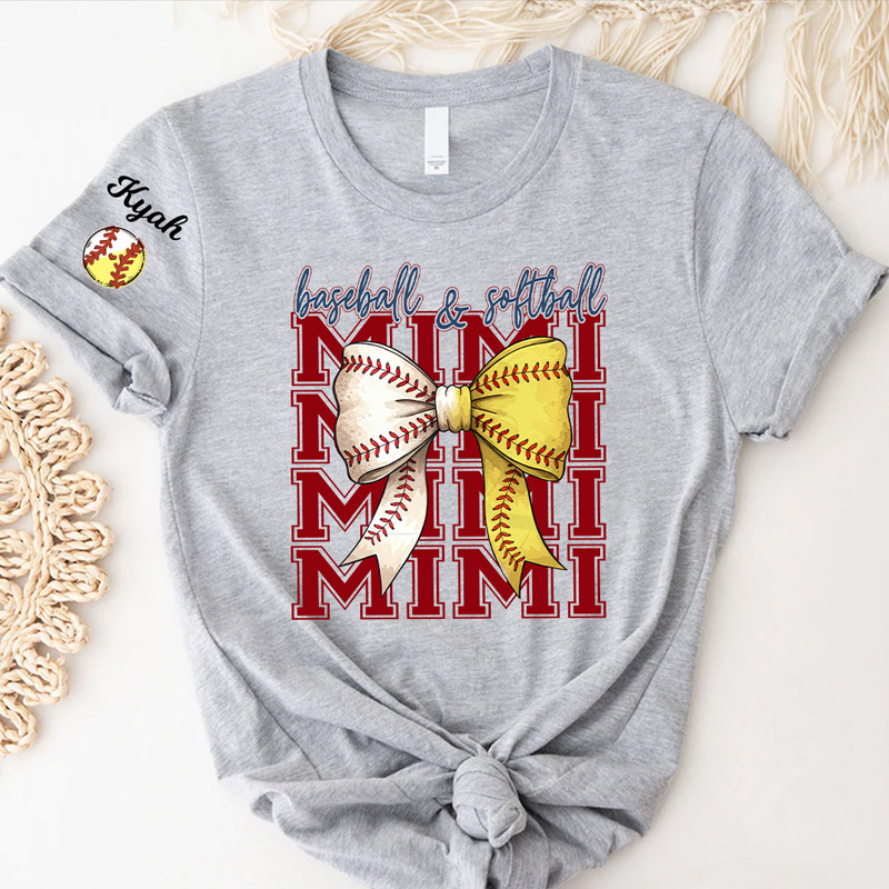 Personalized Bow Tie Baseball Softball Mama T-Shirt Customized with Names Gift for Baseball and Softball Moms and Grandmas