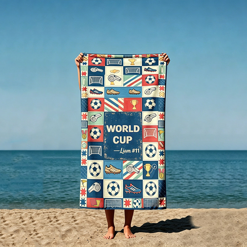 Personalized Soccer World Cup Beach Towel Custom Name and Number Quick Dry Microfiber Football Fan Towel