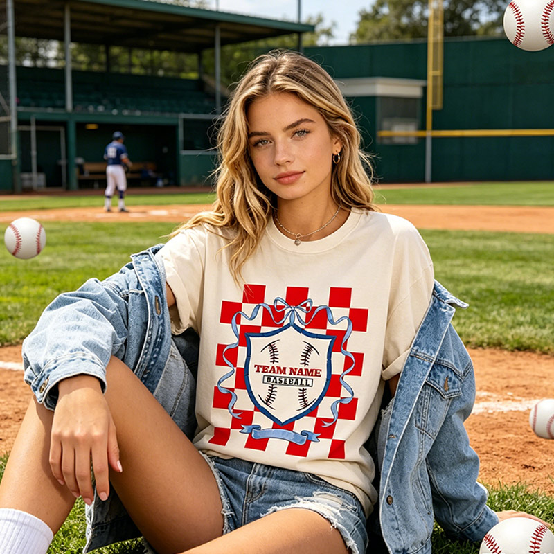 Personalized Baseball T-Shirts with Checkered Bows Gift for Baseball Fans