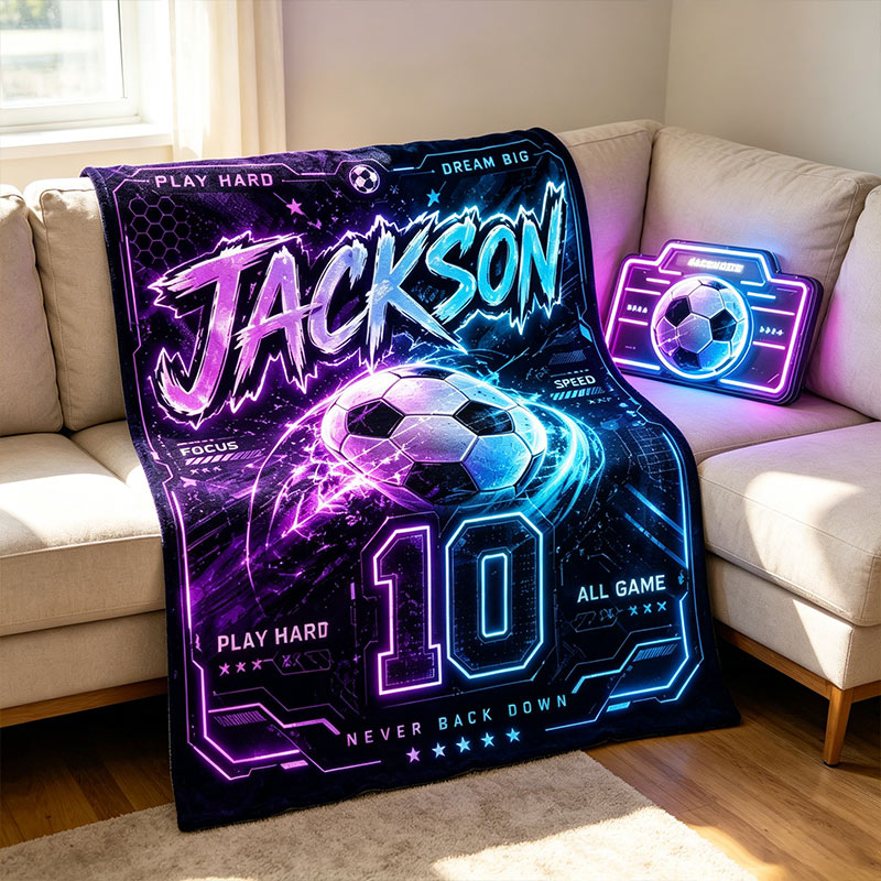 Personalized Football Flannel Blanket Neon Electronic Custom Name & Number Gift for Football Lovers