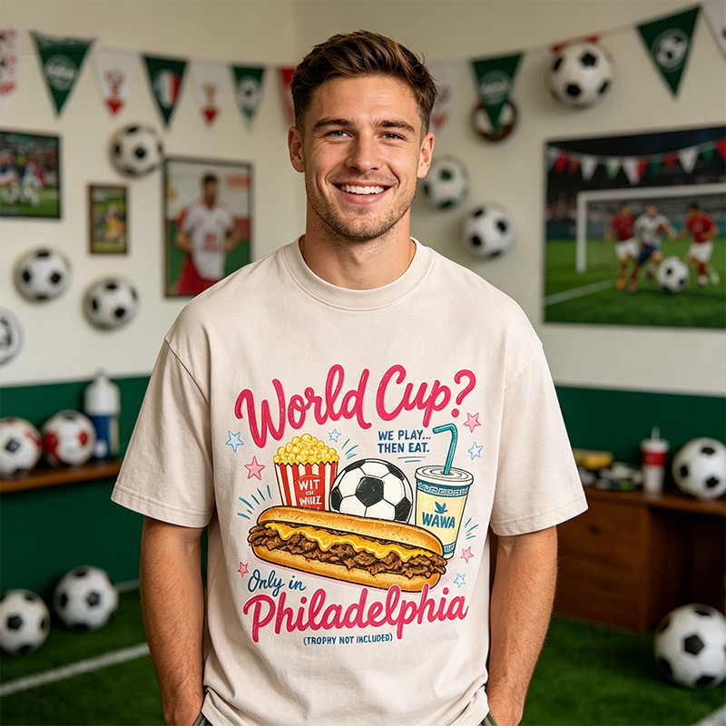 Vintage Washed  T‑Shirt World Cup Philadelphia Cheesesteak & Football Foodie Fan Graphic Tee