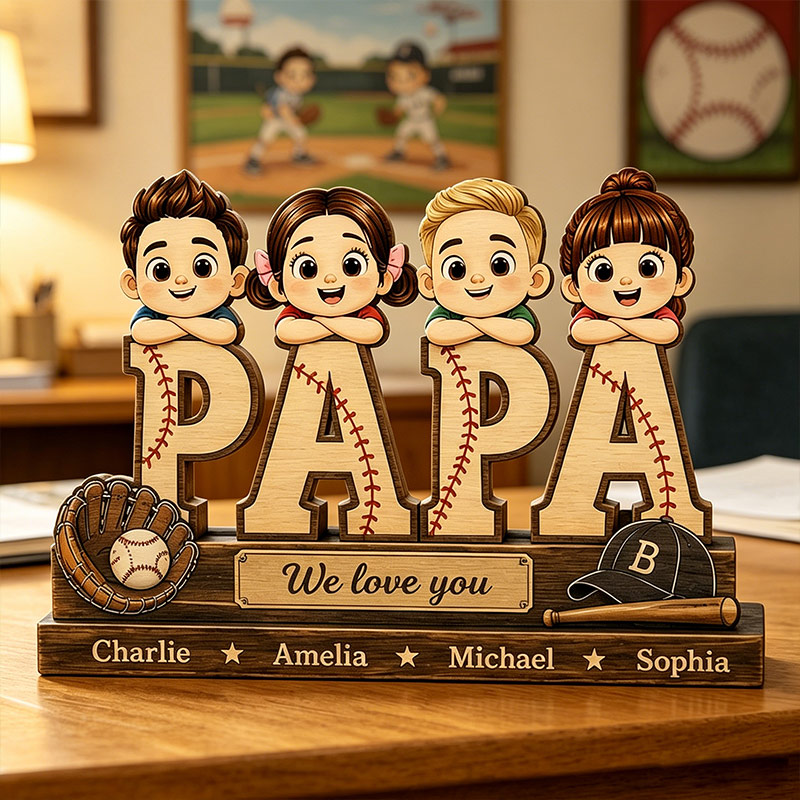 Personalized PAPA Wooden Desktop Ornament Sports Dad Cute Custom Avatars for KidsFather's Day Gift