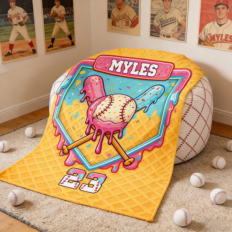 Personalized Baseball Blanket with Melting Ice Cream Baseball Custom Name and Number Baseball Lovers