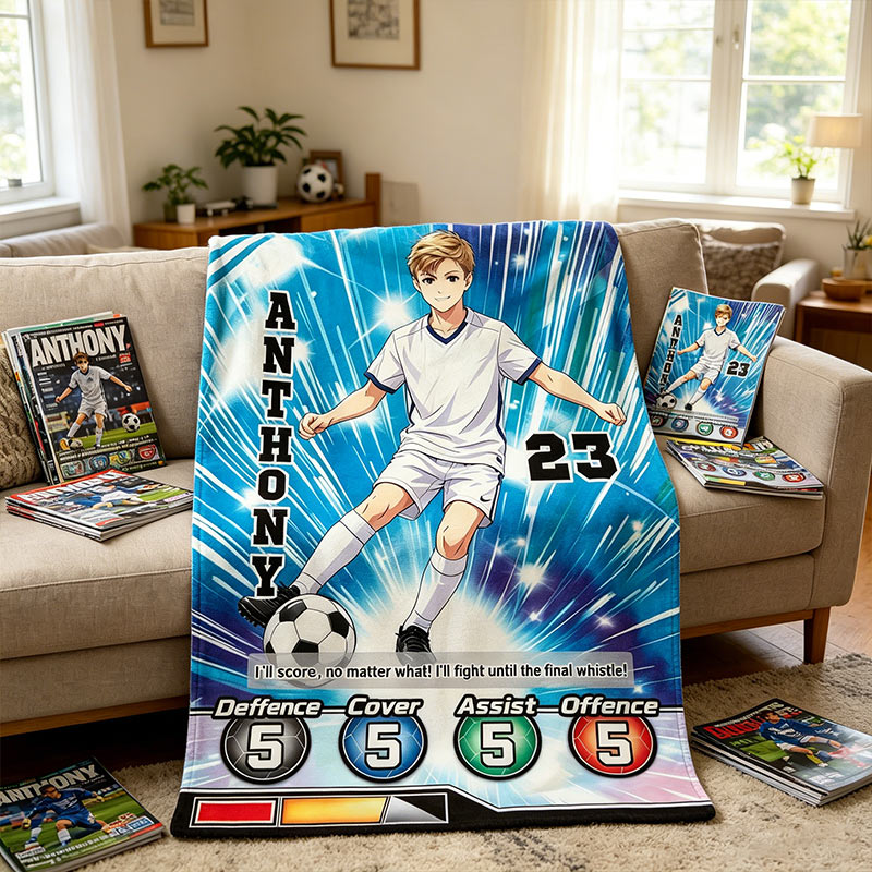 Personalized Football Flannel Blanket with Passionate Anime Soccer Customizable Photo Name and Number for Football Lovers