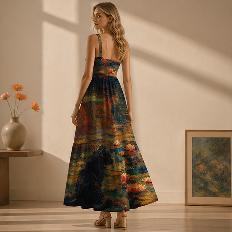 Oil Painting Black Cat Water Lily Impressionist Maxi Dress
