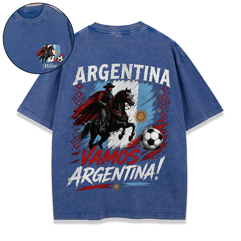 Personalized Football Washed T-shirt Vamos Argentina Gaucho Custom Name Gift for Argentina Football Fans