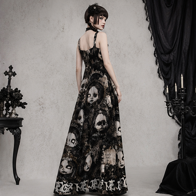 Personalized Gothic Maxi Dress Cracked Horror Doll Print with Custom Name for Her