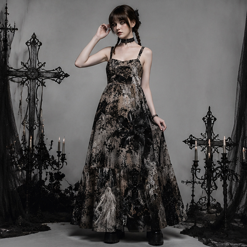 Gothic Maxi Dress Graveyard Ghost Cross Print Gift for Gothic Lovers