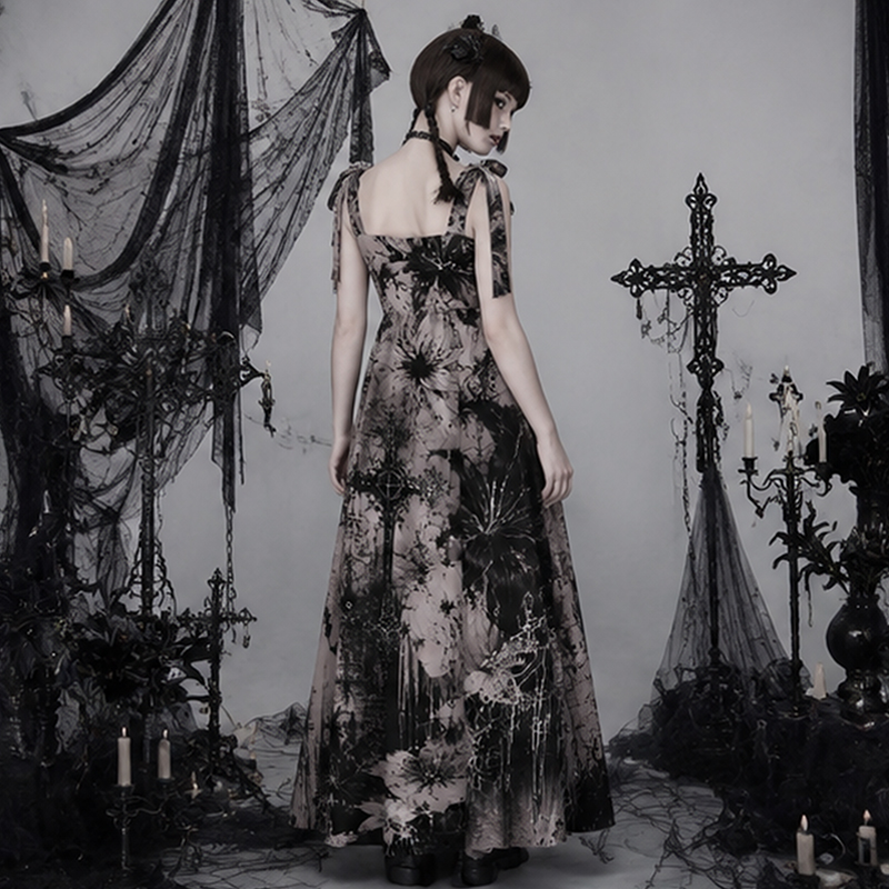 Gothic Maxi Dress Grunge Cross Floral Butterfly Print Tie Strap Tiered Maxi Dress
