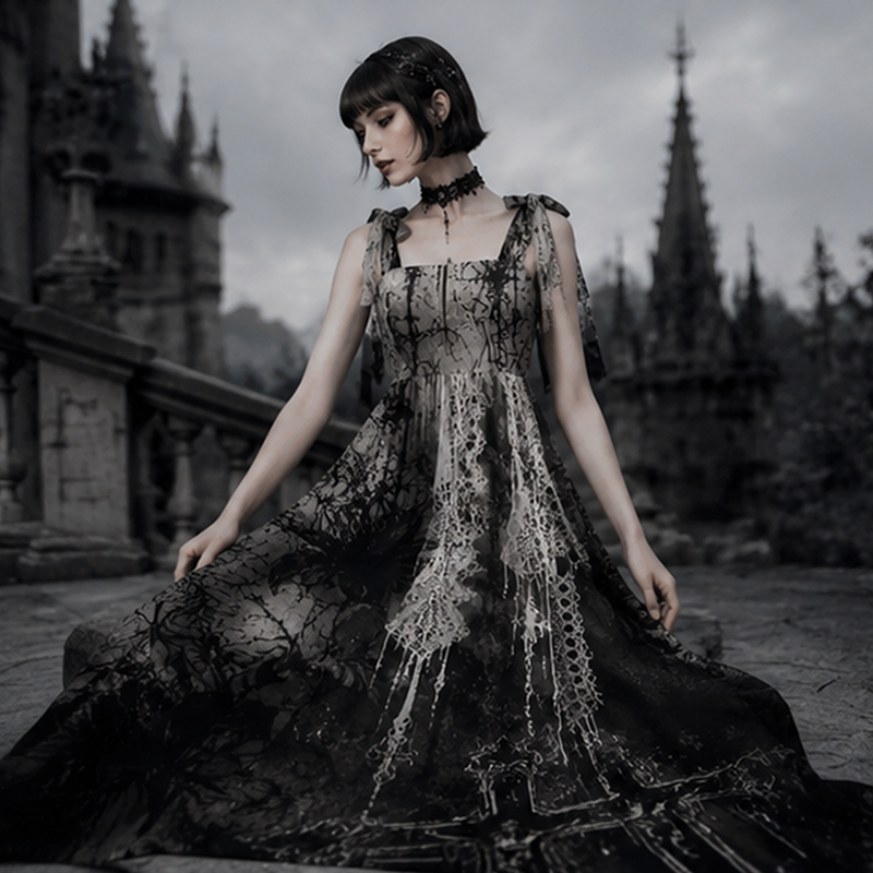 Gothic Maxi Dress Gothic Lace Cross Floral Print Tie Shoulder Strap Flowy Maxi Dress
