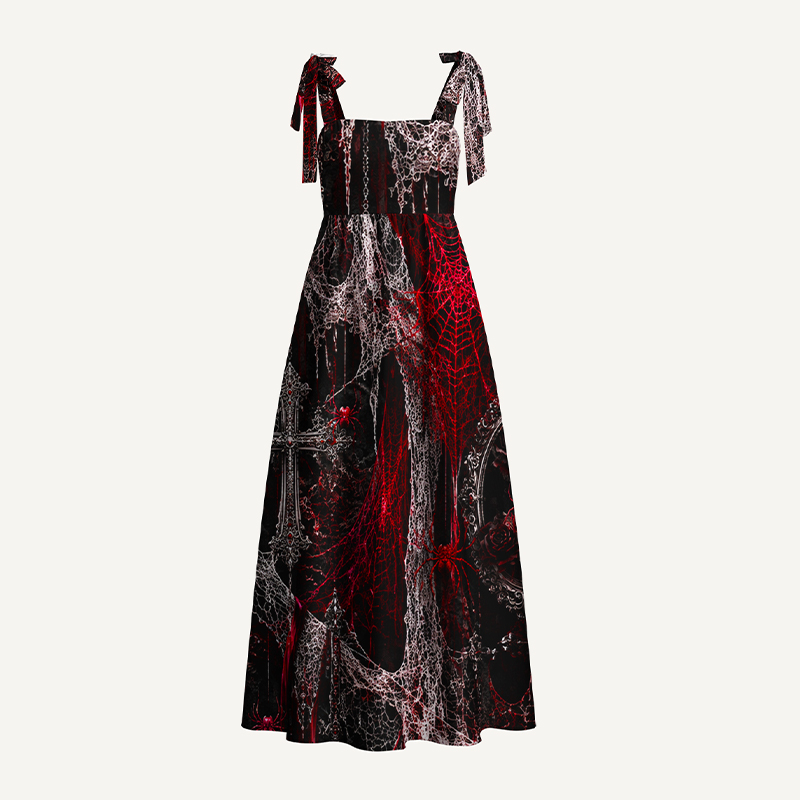 Gothic Maxi Dress Gothic Red Spider Web Rose Print Tie Shoulder Strap Flowy Maxi Dress