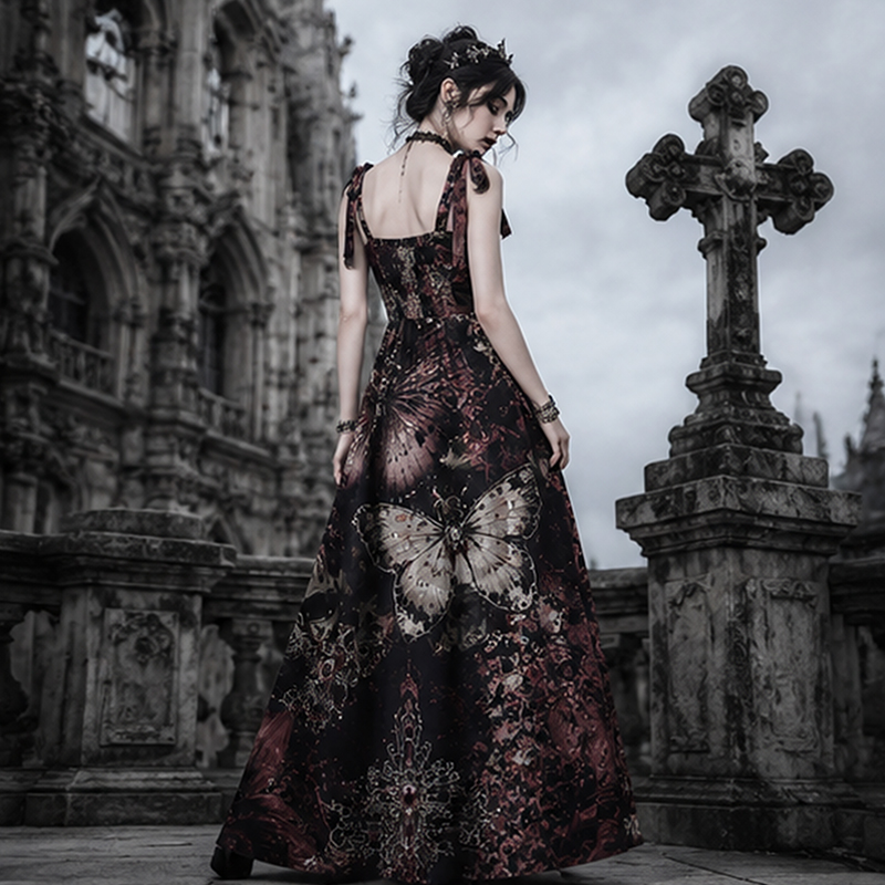 Gothic Maxi Dress Gothic Skull Red Spider Lily Butterfly Cross Print Tie Strap Maxi Dress