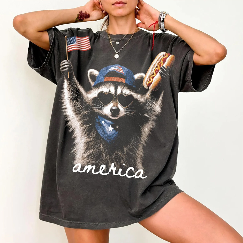America Raccoon Hot Dog Washed T-Shirt 4th of July America Patriotic American Flag Tee
