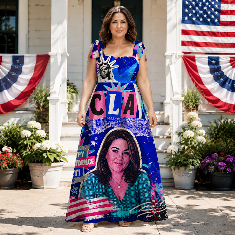 Personalized Pop Art Independence Day Maxi Dress Tie-Shoulder Custom Name Photo and State with Statue of Liberty Print for Patriotic