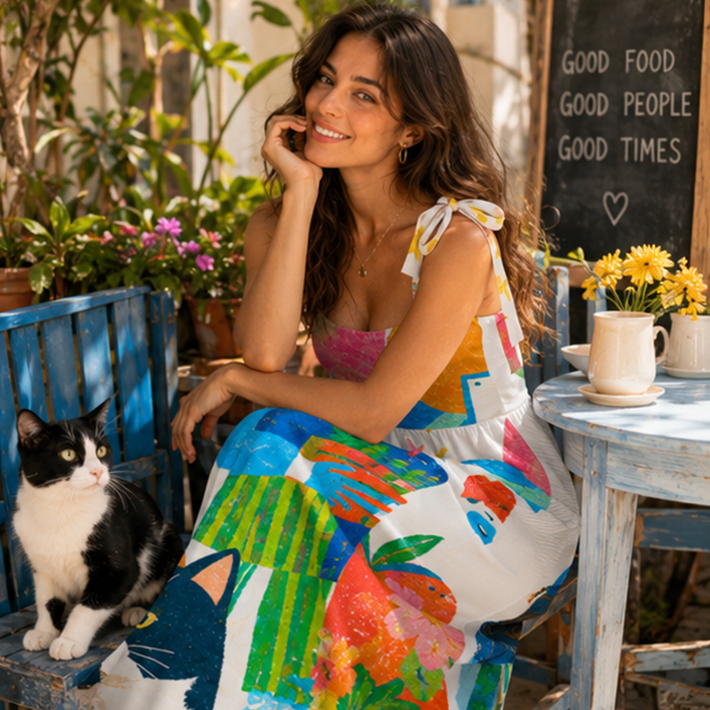 Personalized Colorful Illustrations Maxi Dress Tie-Shoulder Custom Name and Photo Casual Summer Sundress