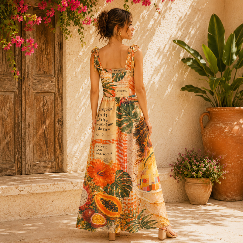 Personalized Vintage Tropical Collage Print Maxi Dress Tie-Shoulder Custom Name and Photo Summer Vacation Dress
