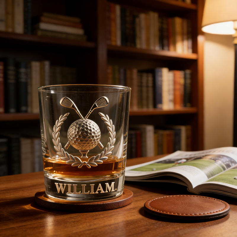 Personalized Golf Whiskey Glass 2D Metallic Style Print with Custom Name for Golf Lovers