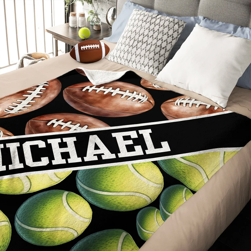 Personalized Sports Soft Throw Blanket Baseball Football Soccer Ball with Text Game Day Birthday Gift for Kids Sports Lovers
