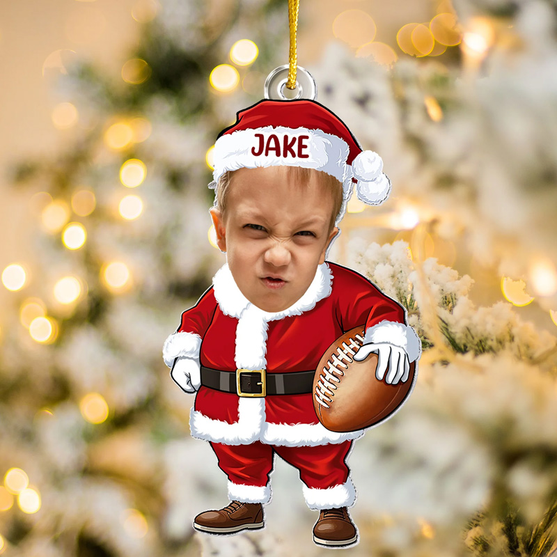 Personalized Santa Photo Ornaments with Custom Face Upload Name and Sports Themed Holiday Design