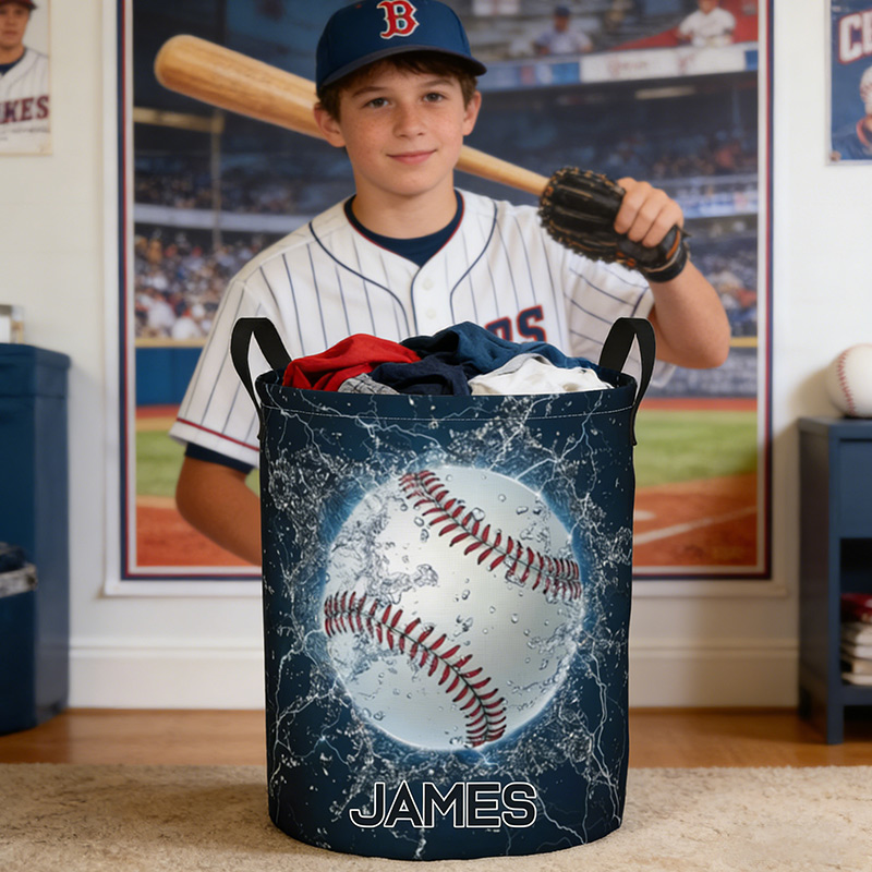 Personalized Baseball Laundry Basket Water Splash Baseball Printed with Custom Name