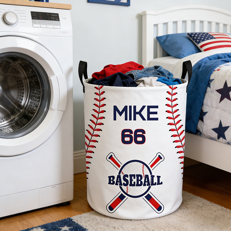 Personalized Baseball Laundry Basket Baseball Pattern Printed with Custom Name and Number