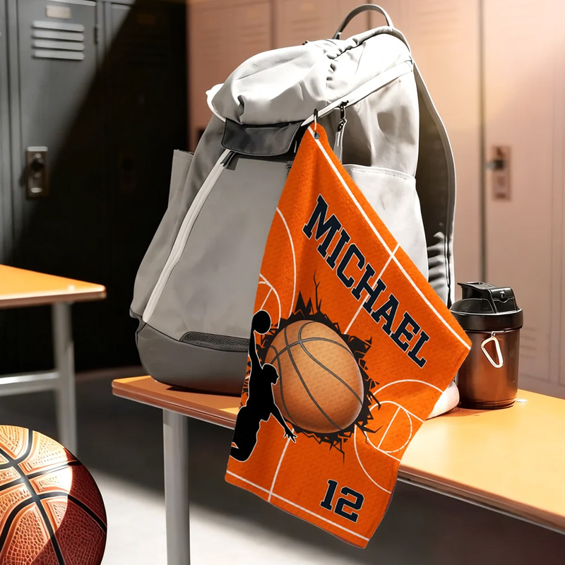 Personalized Character Silhouette Sports Towel with Name Number and Hanging Clip Game Day Gift for Sports Lovers