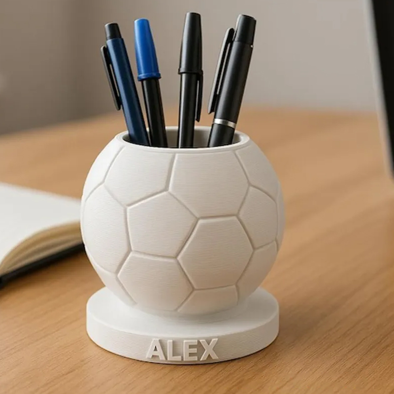Personalized 3D Printed Soccer Ball Pen Holder with Custom Name Design