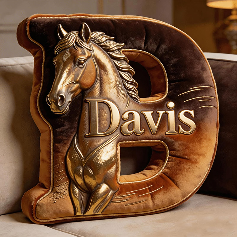 Personalized Horse Letter Pillow Golden Horse Print Custom Name Gift for Equestrian Enthusiasts
