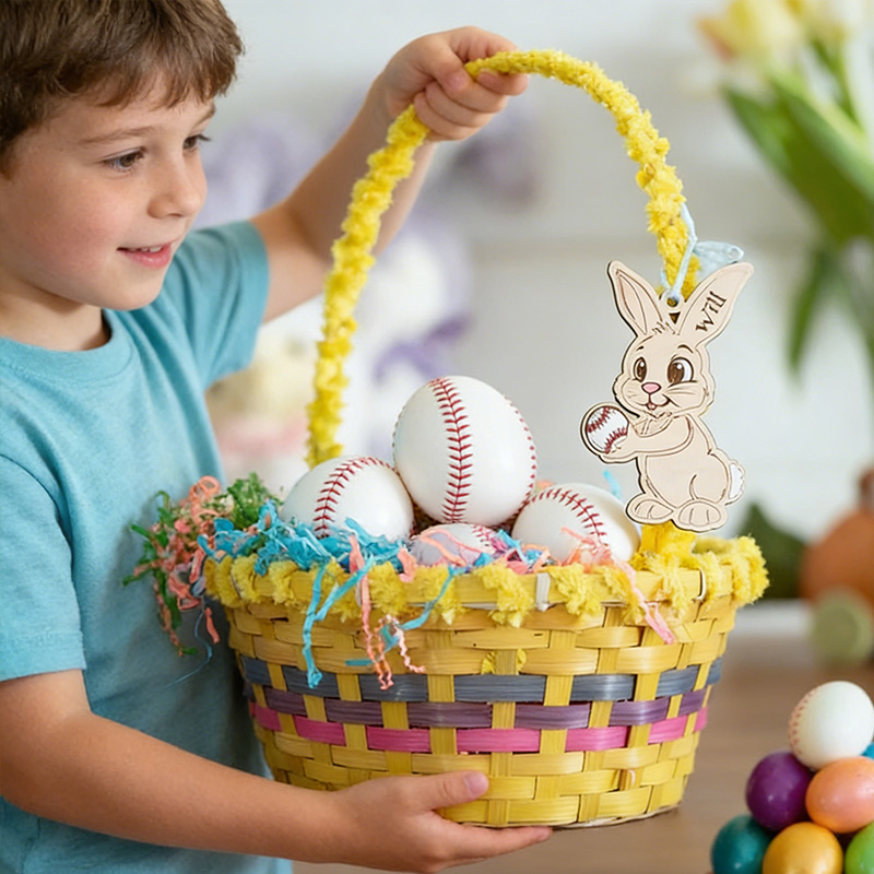 Personalized Wooden Easter Ornaments Baseball Easter Bunny Hanging Decor Basket Tags Gifts for Baseball Fans