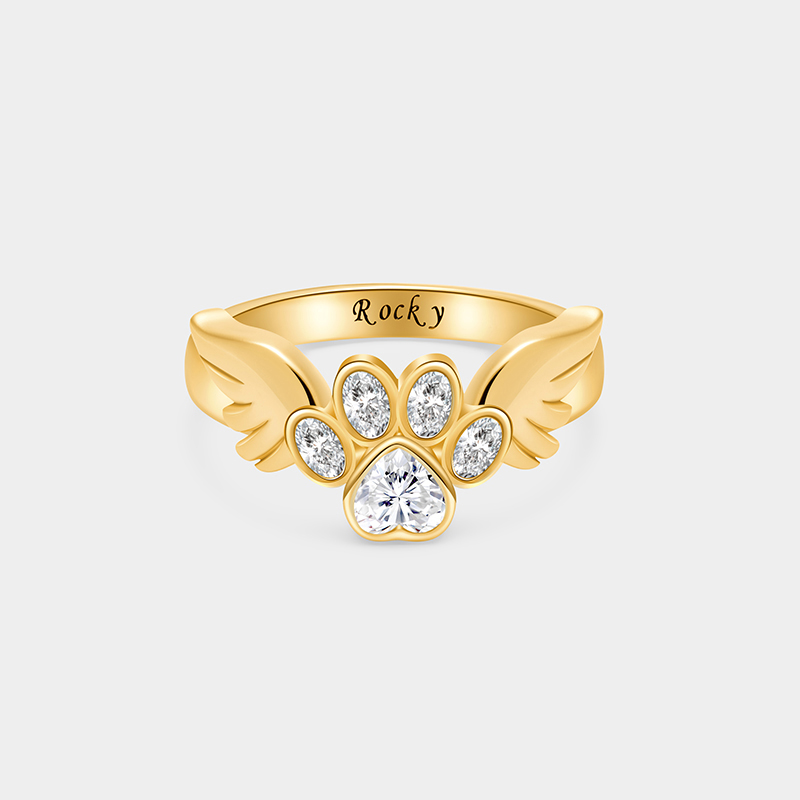 Personalized Sterling Silver Angel Dog Ring with Custom Name and Birthstone