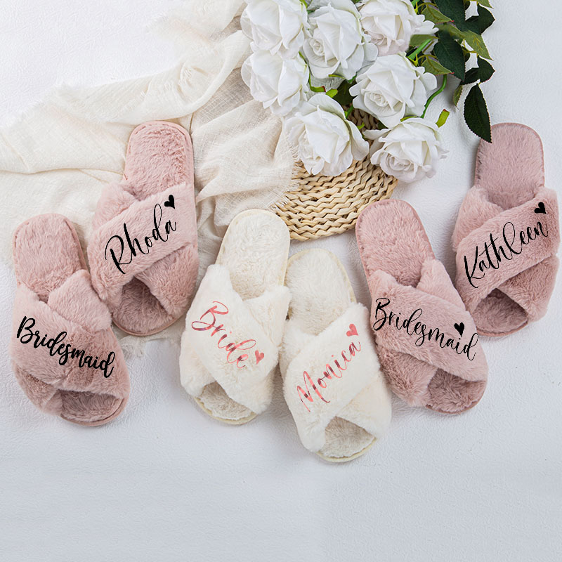 Personalized Bridesmaid Fluffy Slippers Custom Bride Name and Heart Slipper Maid of Honor Slippers Bridal Shower Gift Bachelorette Party Gift for Her
