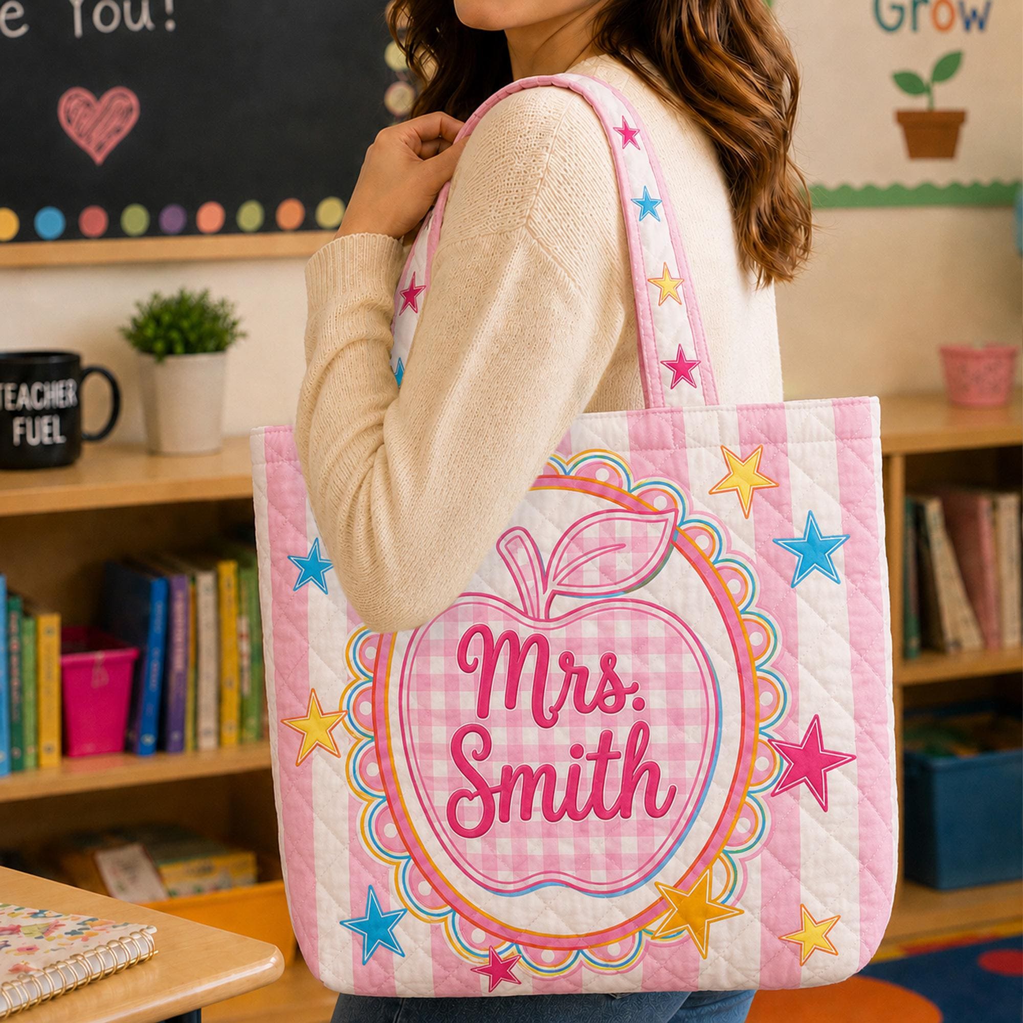 Personalized Teacher Quilted Tote Bag Custom Name Apple Bag Back to School Teacher Gift