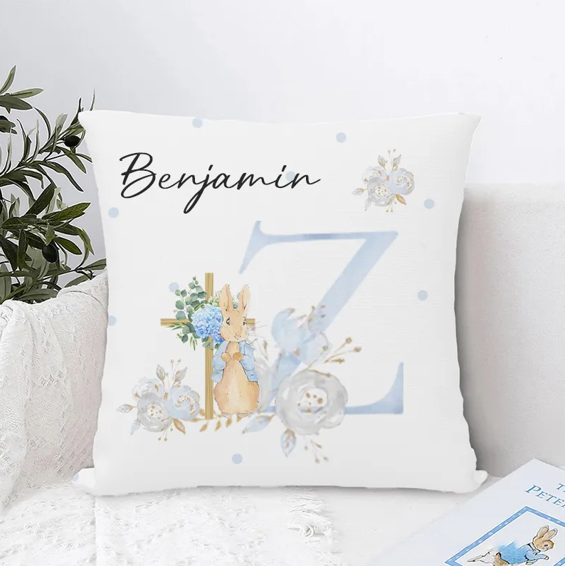 Personalized Cute Rabbit Floral Cross Initial Throw Pillow with Name Home Decor Christian Baptism Gift Birthday Gift for Kids Easter Gift