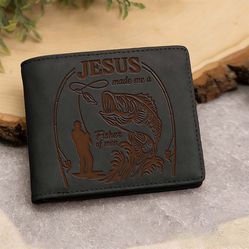 Personalized Jesus Made Me A Fisher of Men Leather Bifold Wallet with Custom Name Christian Fishing Multi Pocket Wallet Religious Gift for Men Dad